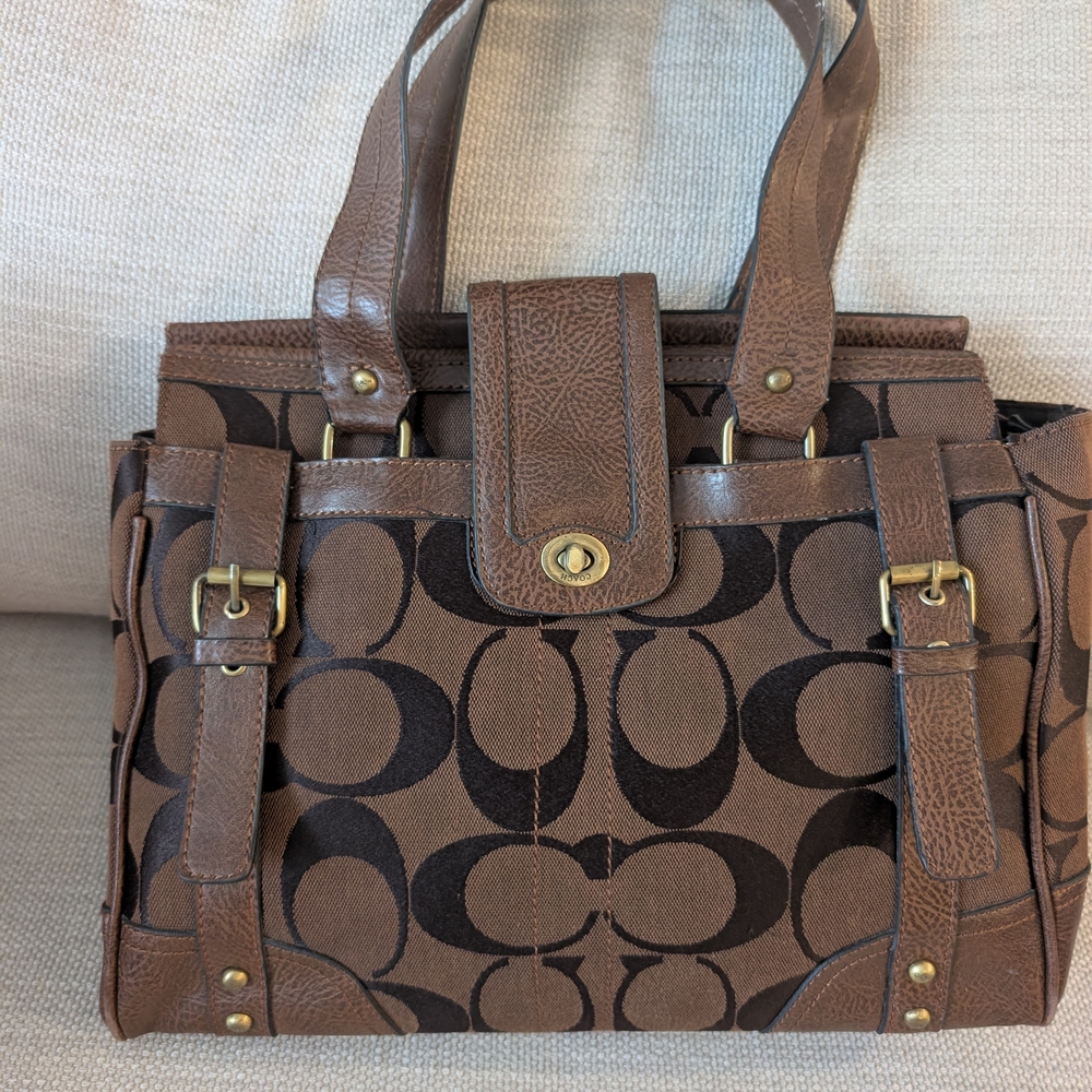 Coach Tan and Black Signature Shoulder Bag